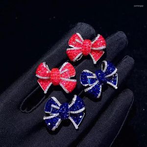 Stud -oorbellen 925 Sterling zilver met kubieke zirkoon bowknot oorring rose blauw kleur schattige romantische fijne vrouwen sieraden