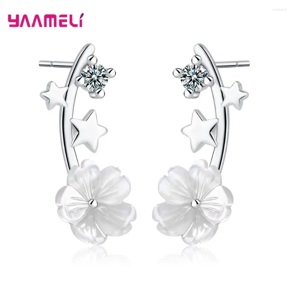 Pendientes de sementales 925 STERLING SILVER Mujer niña brillante Cúcico Cúcico Cúcico Diseño de flores de estrella y concha Buenas joyas para la fiesta de bodas accesorio