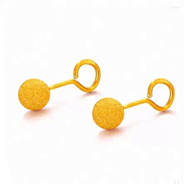 Boucles d'oreilles à tige en or jaune 999 véritable 24 carats pour femmes, boule ronde porte-bonheur, 1.2-1.5g, artisanat fini au pinceau