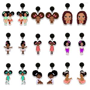 Boucles d'oreilles à tige fille noire africaine Anime pendentif acrylique motif imprimé rond personnage de dessin animé