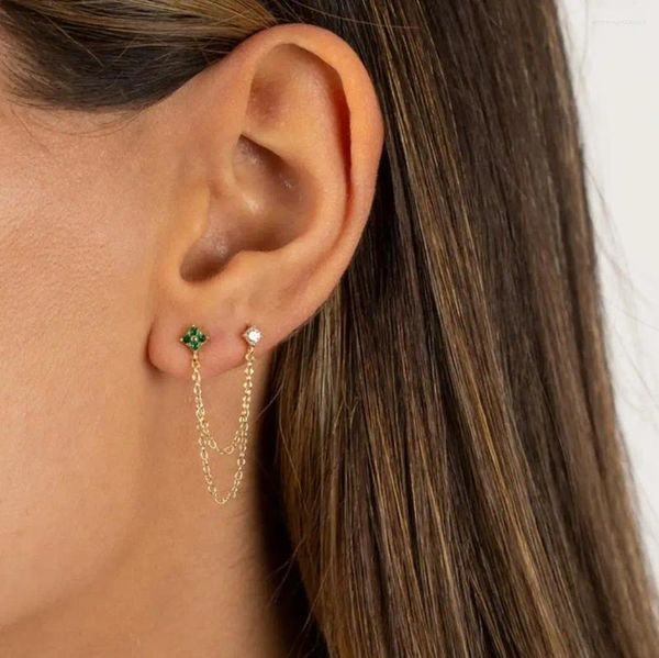 Boucles d'oreilles Aide en argent sterling 925 avec double chaîne à fleurs pour femme - Mignon vert émeraude clair CZ plaqué or 18 carats