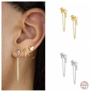 Pendientes de tachuelas Ayudador 925 Sterling Silver Gold Long Chain Tassel Earring Lindo Ear para Mujeres Joyas Pendientes Pendientes Oorbellen