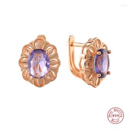 Boucles d'oreilles Aide 925 Sterling Argent Ovale Violet Naturel Zircon Creux Dentelle Fleur Pour Les Femmes Cadeau De Luxe Bijoux De Fête De Mariage