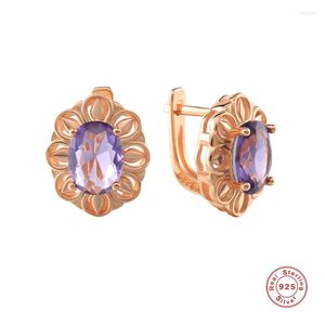 Boucles d'oreilles Aide 925 Sterling Argent Ovale Violet Naturel Zircon Creux Dentelle Fleur Pour Les Femmes Cadeau De Luxe Bijoux De Fête De Mariage