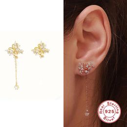 Boucles d'oreilles Aide 925 Sterling Silver White Zircon CZ Papillon Dépareillées Pour Femmes Délicat Longue Chaîne Gland Boucles D'oreilles JewelryStud