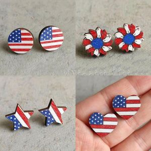 Stud -oorbellen Amerika vlag afdrukken ronde ster houten voor vrouwen rood wit blauwe zonnebloem patriottische sieraden groothandel