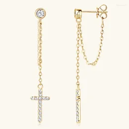 Anziw Moissanite Cross Drop 18K Vergulde 925 Sterling Zilveren Link Chain Dangle Earring Voor Vrouwen Charme Sieraden