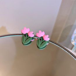 Stud -oorbellen aomu romantisch zoet roze groene hars acryl tulpen onregelmatige geometrische plant kleine bloem voor vrouwen feest