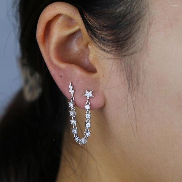 Pendientes de tuerca llegados doble 2 Piercing Micro pavé claro Cz borla cadena moda romántica chica mujer perno Flash estrella encanto pendiente