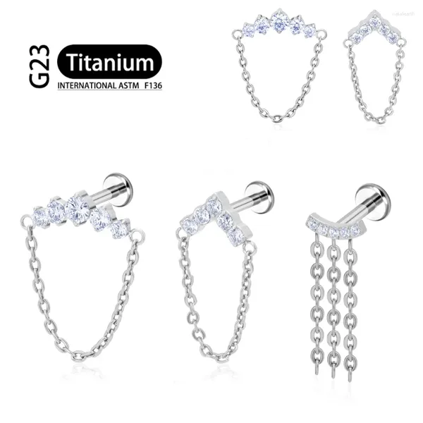 Pendientes de tuerca ASTM F136 cadenas de oreja de titanio cuelgan barra curva colgante cadena pendientes colgantes CZ Top Labret joyería para Piercing corporal