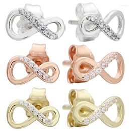 Boucles d'oreilles authentiques en argent sterling 925 Rose Golden Shine Infinity avec cristal pour femmes, cadeau d'anniversaire, bijoux à la mode