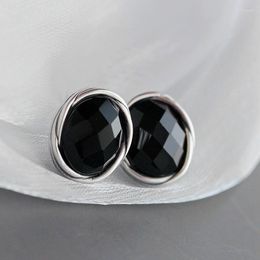 Pendientes de tuerca de Plata de Ley 925 auténtica para mujer, aretes ovalados de ágata negra con incrustaciones de estilo Retro, regalo de joyería conciso