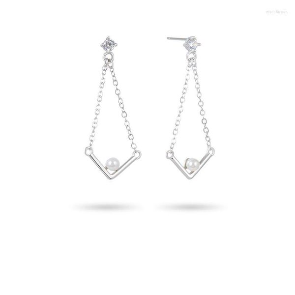 Boucles d'oreilles à clous authentiques 925 boucles d'oreilles en argent Sterling perle longue frange géométrique pour femmes fille mariage fête bijoux cadeau