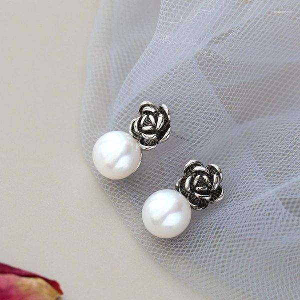 Boucles d'oreilles Authentique 925 en argent Sterling boucle d'oreille incrustée 8mm perle d'eau douce naturelle petits clous d'oreilles femmes Style rétro charme bijoux cadeau