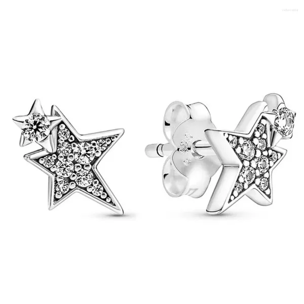 Pendientes de tuerca auténtica Plata de Ley 925 estrellas asimétricas brillantes moda para mujer regalo joyería DIY