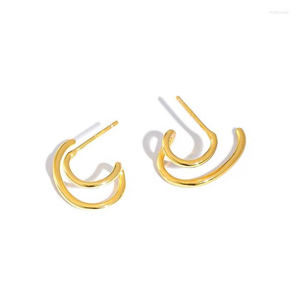 Pendientes de tuerca auténtica Plata de Ley 925 dorado/blanco Irregular doble fila círculo dos líneas Piercing joyería lujo C-HED582