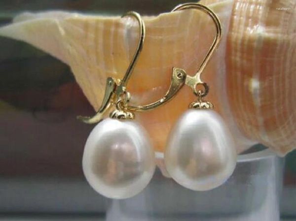 Aretes Auténtico ENORME Mar del Sur de China Blanco Colgante de perlas de 10-12 mm Oro de 14 k