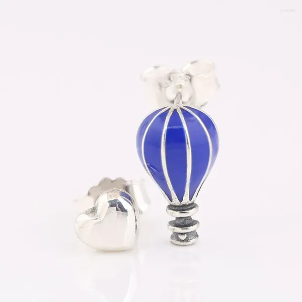 Pendientes de tuerca auténticos S925, globo de aire esmaltado en plata y pendiente de corazón para mujer, regalo de boda, joyería fina para mujer