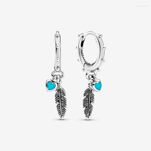 Boucles d'oreilles à tige authentique S925 en argent Sterling bleu-vert amour et plume anneau crochet bijoux de mode pour femmes cadeaux