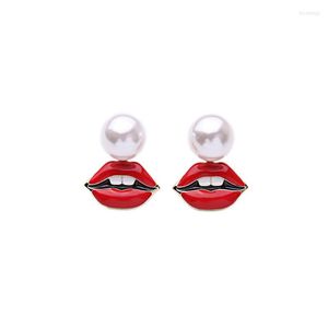 Pendientes de tuerca BALANBIU esmalte rojo labio fiesta fascinado imitación perla simulada moda para mujer joyería