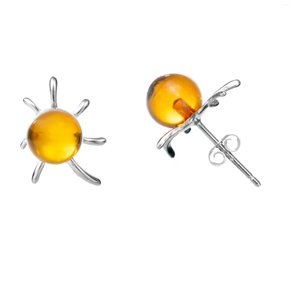 Boucles d'oreilles à tige en pierre d'ambre de la Baltique avec boule de soleil flamboyante en argent sterling 925