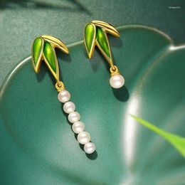 Boucles d'oreilles en bambou Ripple Ripple Gold Crafts Green Ematel Pearl Fomen Fashion Fashion Asymétriques Bouangtes de bijoux Gift