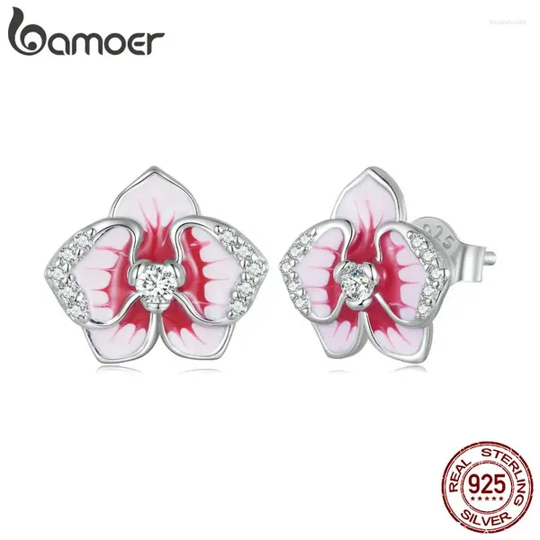 Pendientes de tuerca Bamoer de Plata de Ley 925, mariposa rosa, orquídea, flor de Phalaenopsis esmaltada para mujer, joyería fina