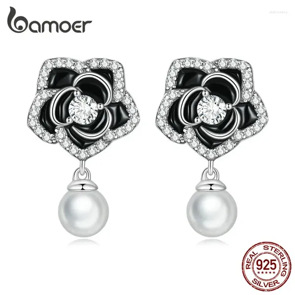 Boucles d'oreilles Bamoer 925 en argent Sterling noir camélia Vintage perle pour les femmes pavé réglage Zircon bijoux fins BSE706