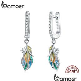 Boucles d'oreilles Bamoer Sier Colored Feather Earring 925 Sterling Colorf Unique Ear Buckles Femme Bijoux Original Design BSE485 Drop de Dhsmd