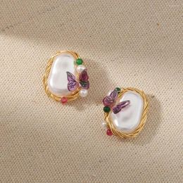 Boucles d'oreilles perles d'eau douce baroques, Imitation de perles enroulées à la main, Design tendance, fleur papillon pour femmes