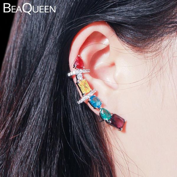 Pendientes de tuerca BeaQueen geométrico Multicolor CZ piedras oreja manguito largo azul verde rojo Zirconia cúbica mujer joyería de moda E339