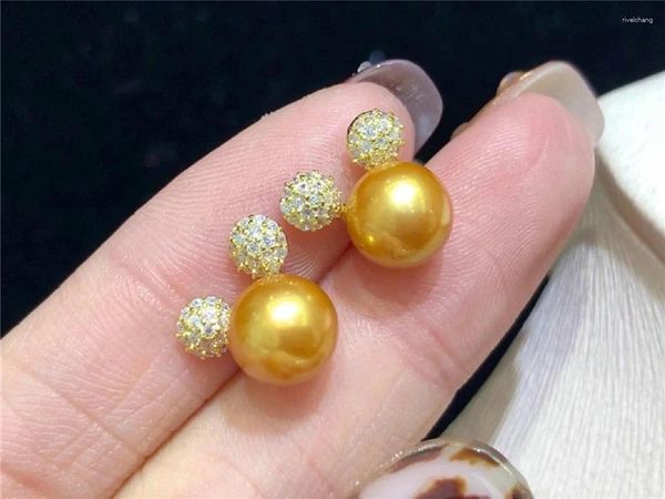 Pendientes de tachuelas hermosos y lujosos 9-10 mm Gorgeous Southsea Gold Round Pearl Pearring 925s ... Caja de regalo