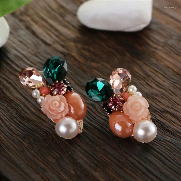 Pendientes de tuerca de cristal grande para mujer, aretes de concha de flor, cuentas de perlas, joyería de moda