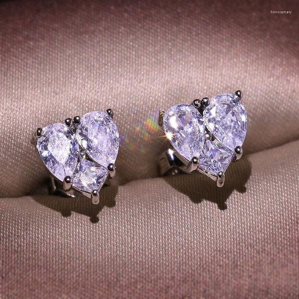 Pendientes de tuerca de gran corazón para mujer, piedra de circonita ostentosa, Color plateado, joyería de moda coreana 2023