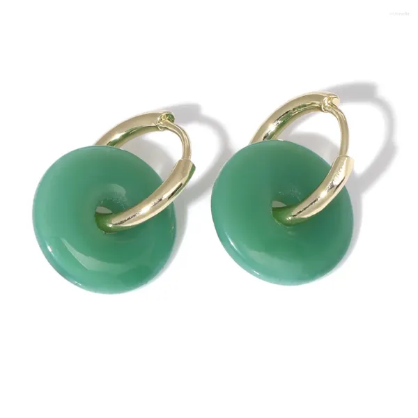 Boucles d'oreilles à clous en pierre ronde et plate pour femmes, grand trou, boucle de paix chinoise, breloque, pendentif en Aventurine naturelle, bijoux simples pour femmes porte-bonheur