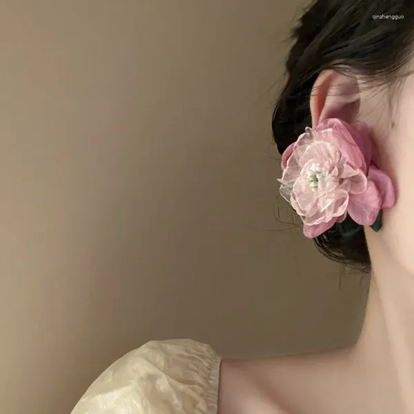 Pendientes de tuerca con flor de hilo rosa grande para mujer, accesorios, aretes elegantes de moda, joyería para mujer