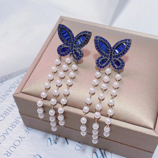 Boucles d'oreilles Bilincolor longues papillon bleu Royal et perle blanche gland boucle d'oreille pour les femmes