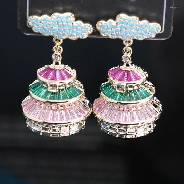 Boucles d'oreilles à tige bilincolore en Zircon incrusté de Style chinois, nuage de bon augure, pavillon 3D pour femmes