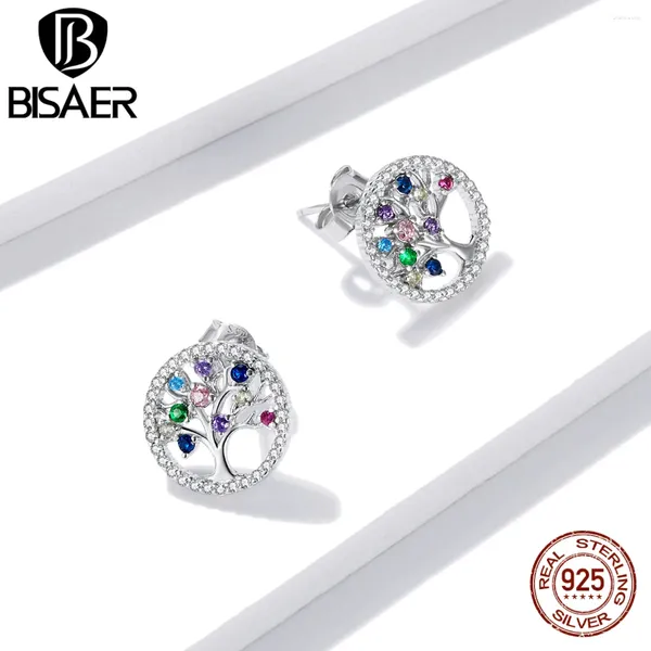 Boucles d'oreilles BISAER 925 en argent Sterling Zircon coloré arbre de vie pour les femmes fille mode bijoux cadeau EFE497