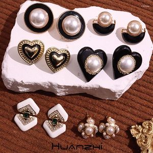 HUANZI – boucles d'oreilles en émail noir, goutte d'huile en métal, perle de cœur pour femmes et filles, Vintage élégant, bijoux cadeau d'automne et d'hiver, 2023