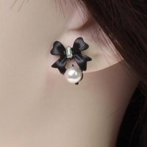 Pendientes de tuerca, pequeño lazo negro con perlas simuladas, bonitos tachuelas, joyería de moda elegante para mujer