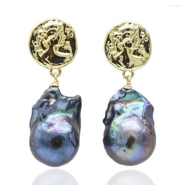 Boucles d'oreilles à tige perle noire grande pièce d'or baroque mode irrégulière exagérée rétro bijoux pour femmes