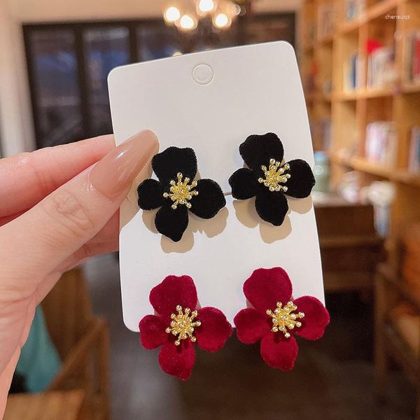 Boucles d'Oreilles Tige Noir Rouge Fleur Bijoux Fantaisie Été Femme Accessoires