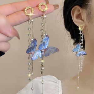 Stud -oorbellen Blue Butterfly Crystal Long Tassel Dames Super Fairy Temperament Exquise Earring Banquet Party Fashion Jewelry