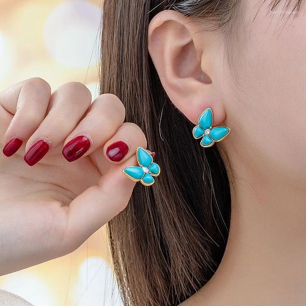 Pendientes De Botón Pendiente De Mariposa Azul De Plata De Ley 925 Turquesa Para Regalo De Mujer