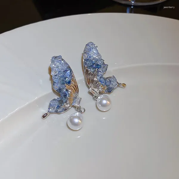 Pendientes de tuerca con forma de mariposa de cristal azul para mujer, aretes de gota románticos hechos a mano, perlas de agua coreanas, pendientes de hadas, orejeras