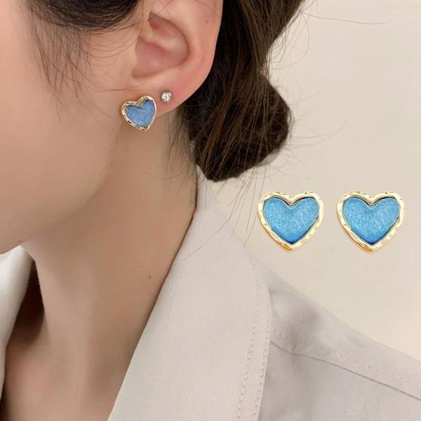 Boucles d'oreilles coeur en résine bleue pour femmes et filles, petit bijou coréen mignon pour fête de mariage, à la mode, cadeau en gros, 1 paire