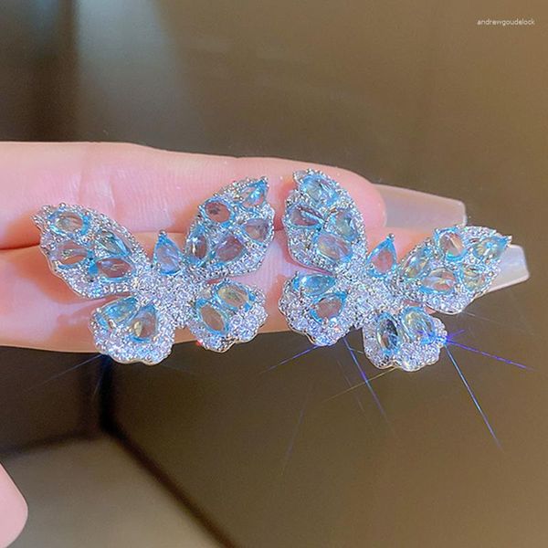 Boucles d'oreilles Stud Blue Zircon Crystal Bowknot Femmes Coeur Butterfly Luxury Girls Year Festival Bijoux 2023