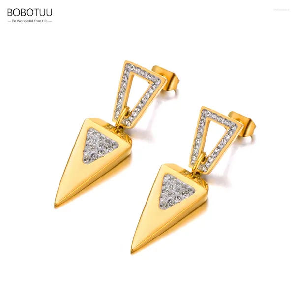 Pendientes BOBOTUU de acero inoxidable con diamantes de imitación, triángulo geométrico para mujer, Metal, resistente al agua, Color dorado, joyería de fiesta BE23168