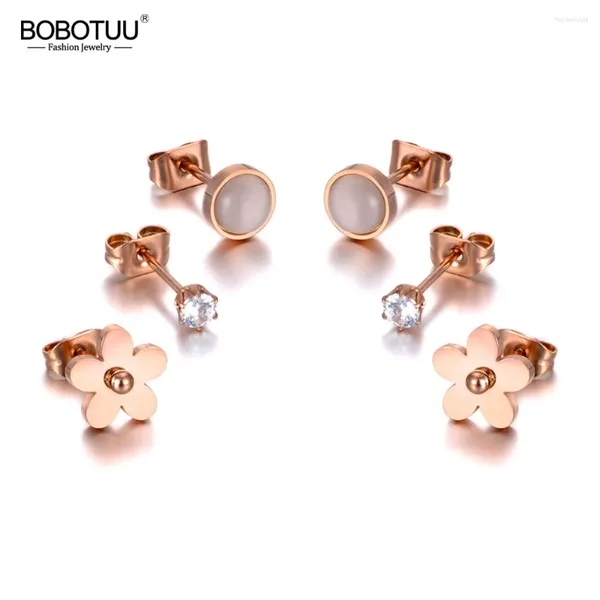 Boucles d'oreilles BOBOTUU tendance titane acier inoxydable fleur strass bijoux 3 paire/ensemble CZ cristal pour femmes fille BE20039